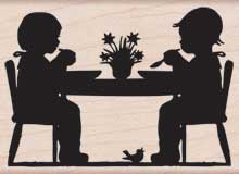 Children At Table Wood Stamp
